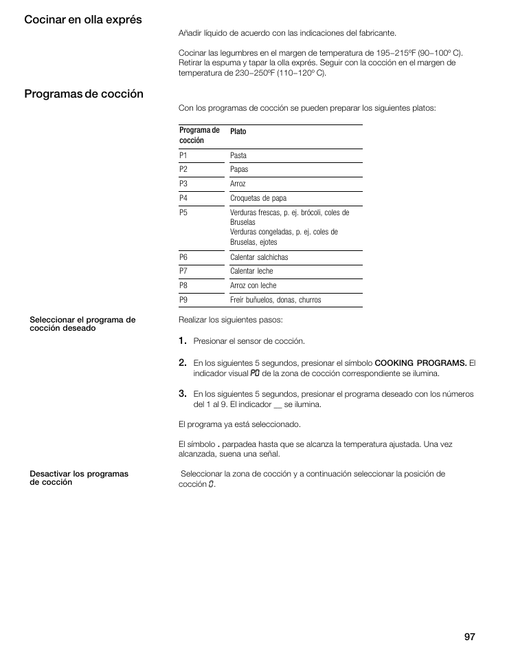 Cocinar en olla exprés, Programas de cocción | Thermador CIS365GB User Manual | Page 96 / 113