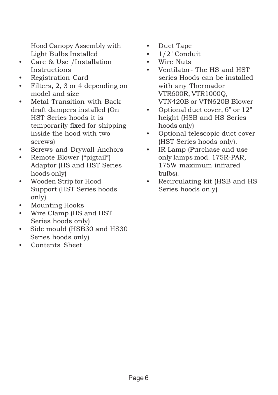 Parts included with your hood, Parts not included with your hood | Thermador HSB User Manual | Page 6 / 17