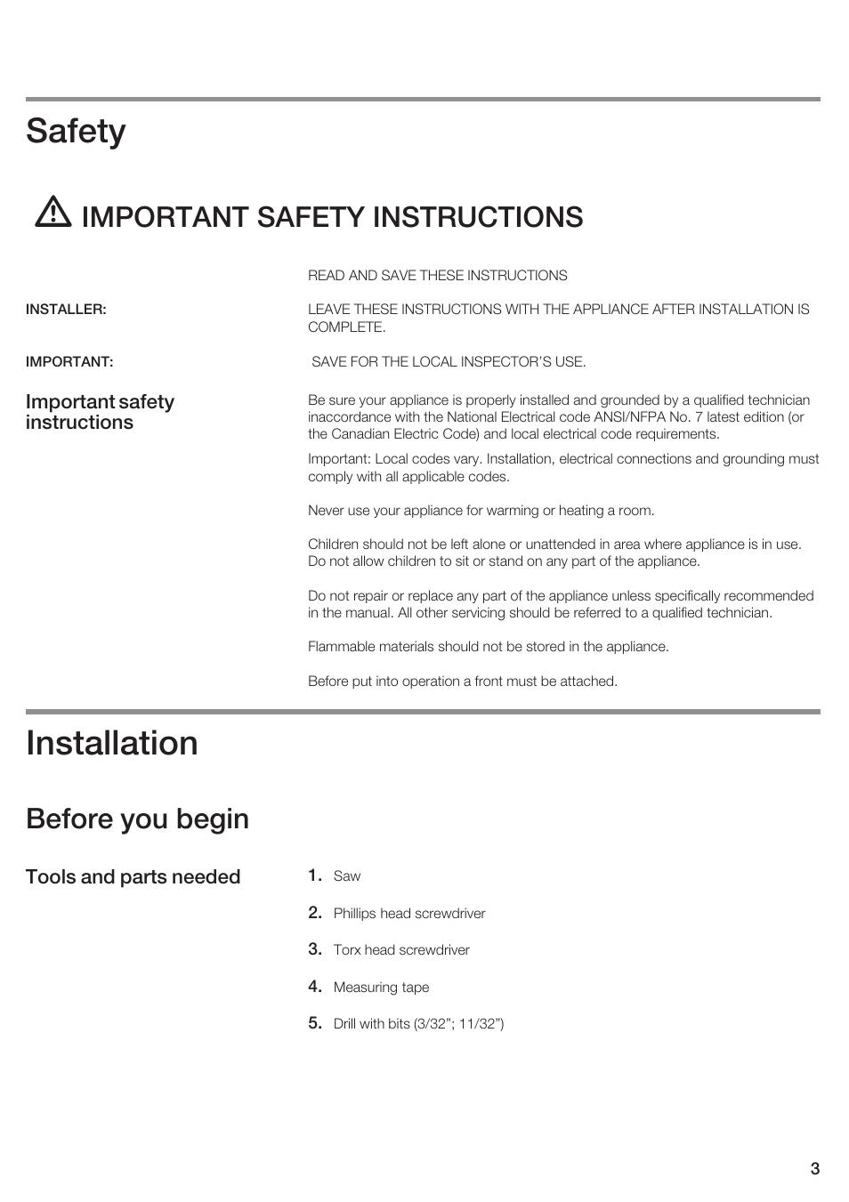 Safety, Installation, Important safety instructions | Before you begin | Thermador WDC30 User Manual | Page 3 / 24