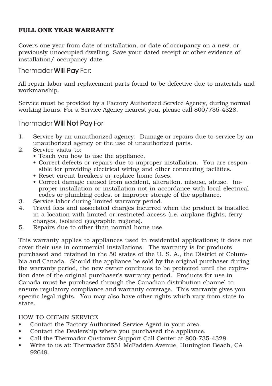 Thermador hood warranty | Thermador HNW User Manual | Page 6 / 6