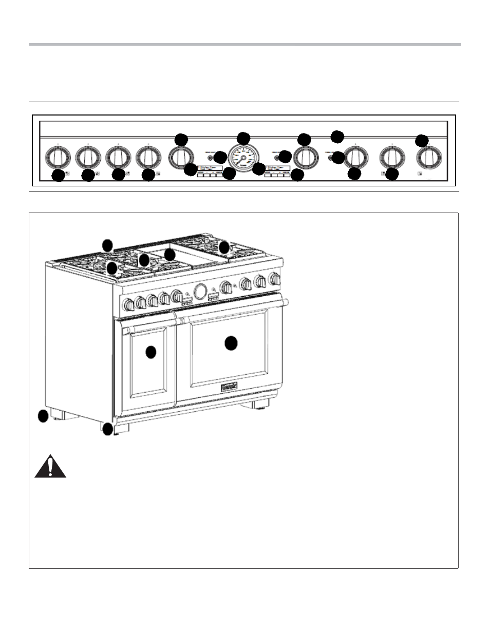 Descripción, Perillas de control: quemadores extralow® (3), Perillas de control: quemadores estándares (2) | Perilla de control: plancha eléctrica (1), Perillas de control: hornilla segundaria, Perilla de control: hornilla principal, Interruptores de las luces de las hornillas, Indicador de temperatura, Pantallas indicadoras de las hornillas, Luz del tablero de control | Thermador PROFESSIONAL PRD48 User Manual | Page 104 / 138