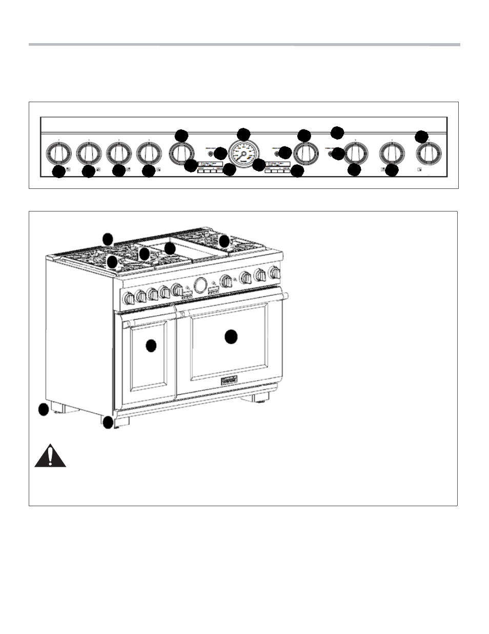 Description, Model and parts identification — 48” range, Figure 4: 48” dual fuel control panel | Warning, Key for 48" models, Control knobs, extralow® burners (3), Control knobs, standard burners (2), Control knobs, extrahightm & extralow® (1), Electric griddle knob (1), Secondary oven control knobs | Thermador PROFESSIONAL PRD48 User Manual | Page 15 / 138