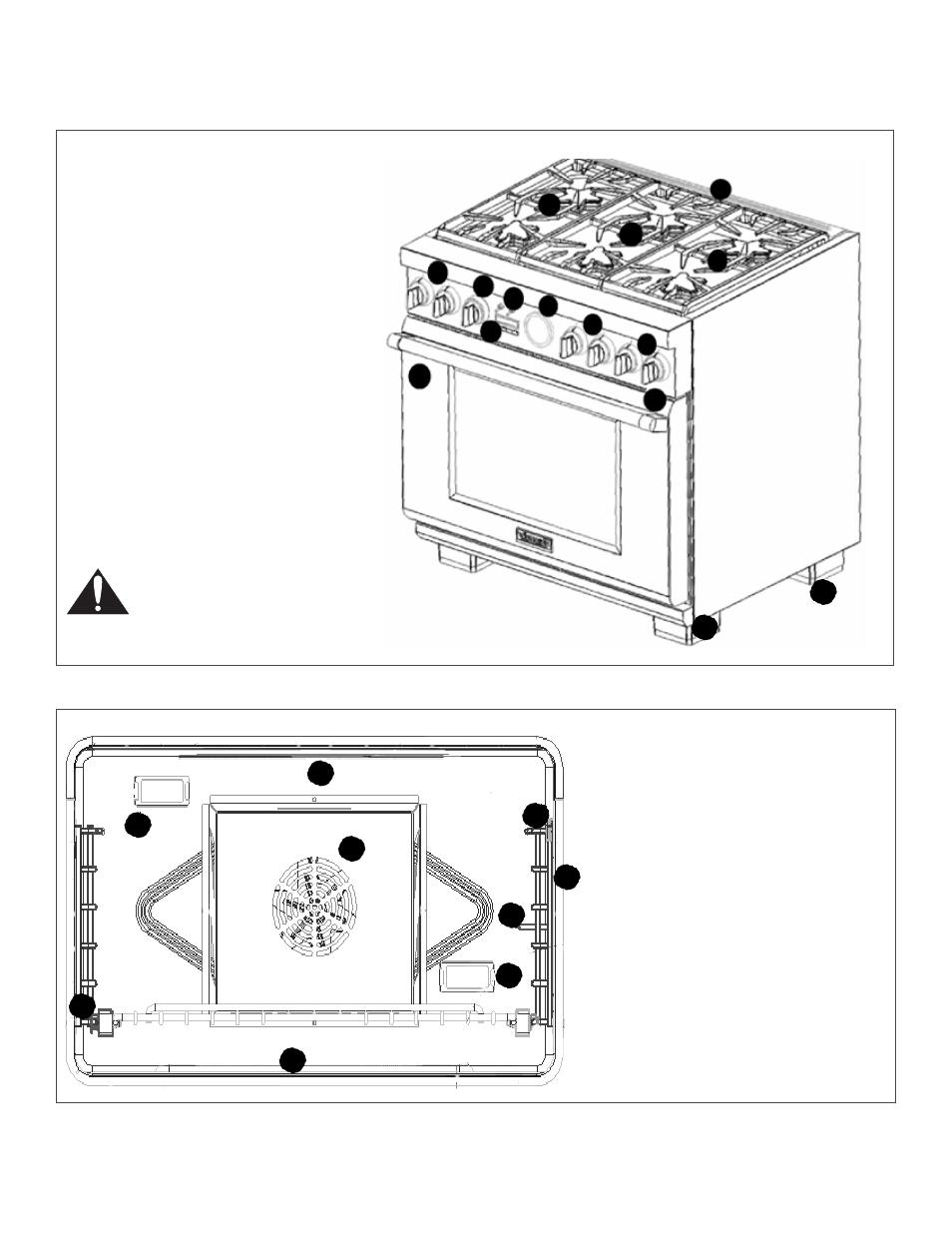 Model and parts identification — 36” range, Key for 36" models, Control knobs, extralow® burners (3) | Control knobs, standard burners (2), Oven control & temperature indicator, Extrahightm & extralow® burner (1), Oven display screen & control buttons, Oven light and control panel light switches, Temperature gauge, Oven door | Thermador PROFESSIONAL PRD48 User Manual | Page 16 / 138