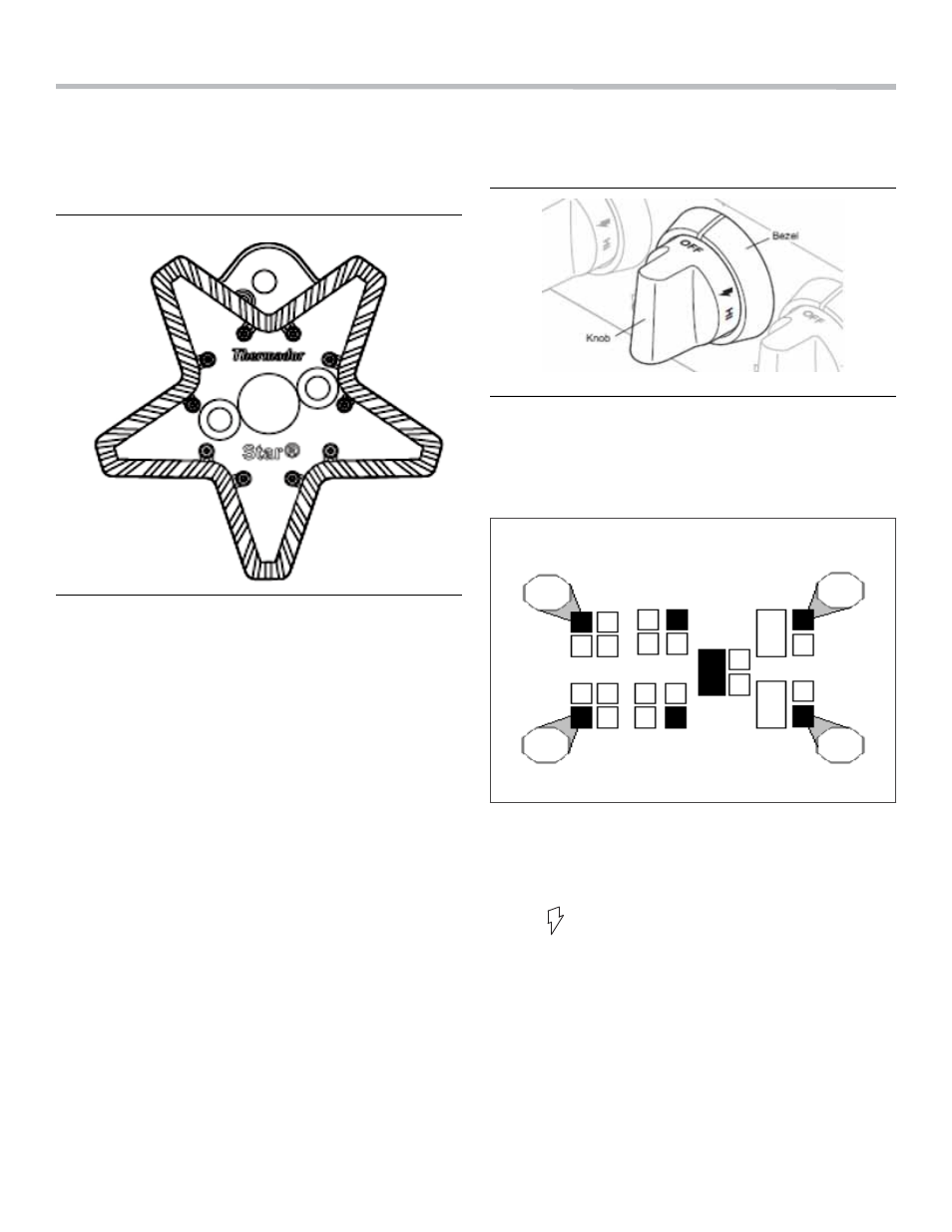 Using the cooktop, Sealed star® burners, Figure 8: star® brass burner base | Control knobs, Figure 9: standard star® burner control knob, Figure 10: cooktop symbols, Operation of the burners, Sealed star, Burners | Thermador PROFESSIONAL PRD48 User Manual | Page 17 / 138