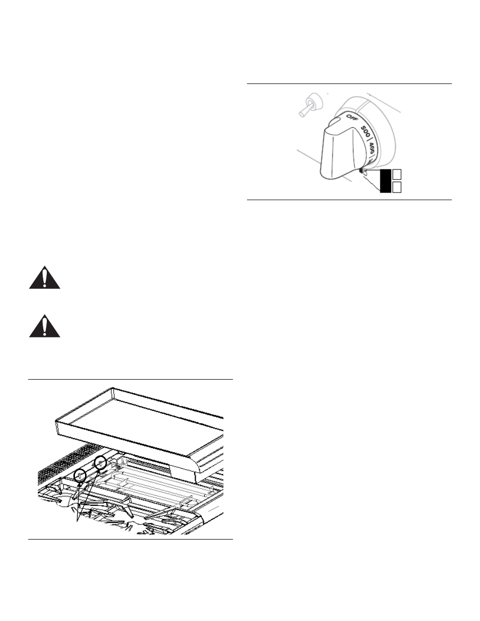 Description, Caution, Warning | Figure 23: griddle plate leveling screws, Griddle control knob, Figure 24: griddle control knob, Preparing the griddle, Notice, Note, Using the electric griddle | Thermador PROFESSIONAL PRD48 User Manual | Page 26 / 138