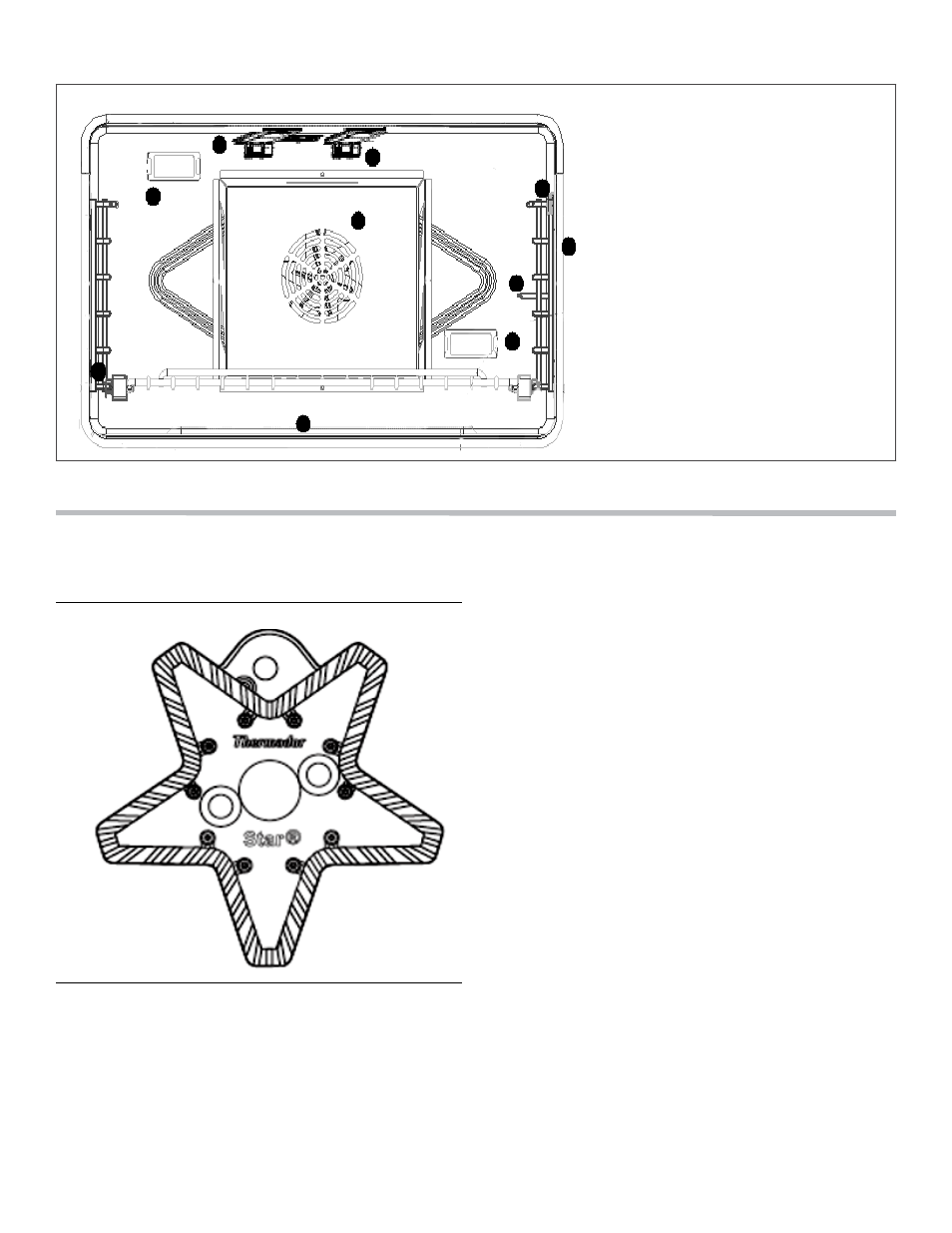 Lumières intérieures (2), Brûleurs à infrarouge du grilloir (2), Capteur de température du four | Glissières des grilles, Brûleur du four (dissimulé), Couvercle de ventilateur pour cuisson à convection, Allumeurs du grilloir (2), Utilisation de la cuisinière brûleurs scellés, Figure 8 : base de brûleur starmc en laiton, Utilisation de la cuisinière | Thermador PROFESSIONAL PRD48 User Manual | Page 62 / 138