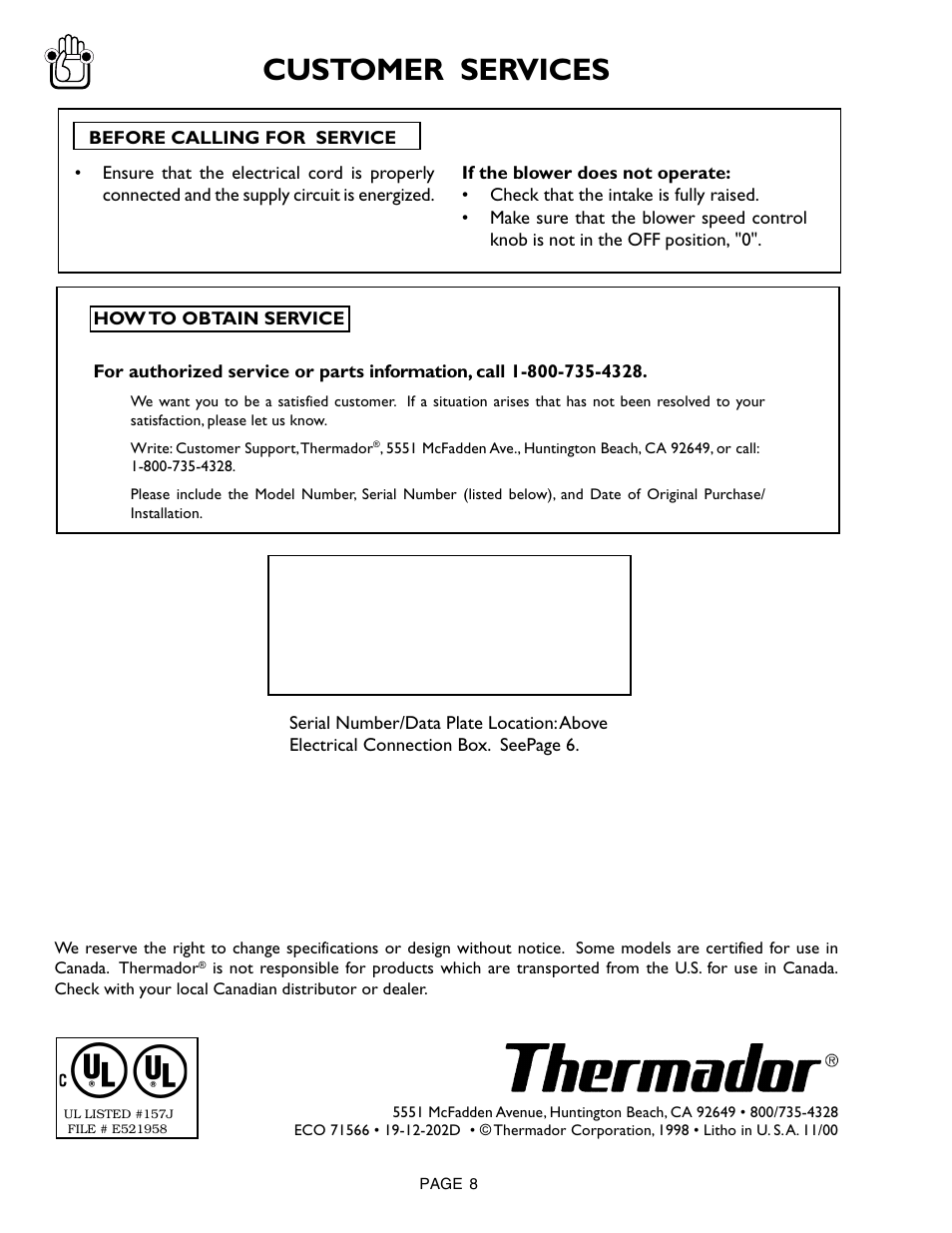 Customer services | Thermador CVS36R 45 User Manual | Page 8 / 8
