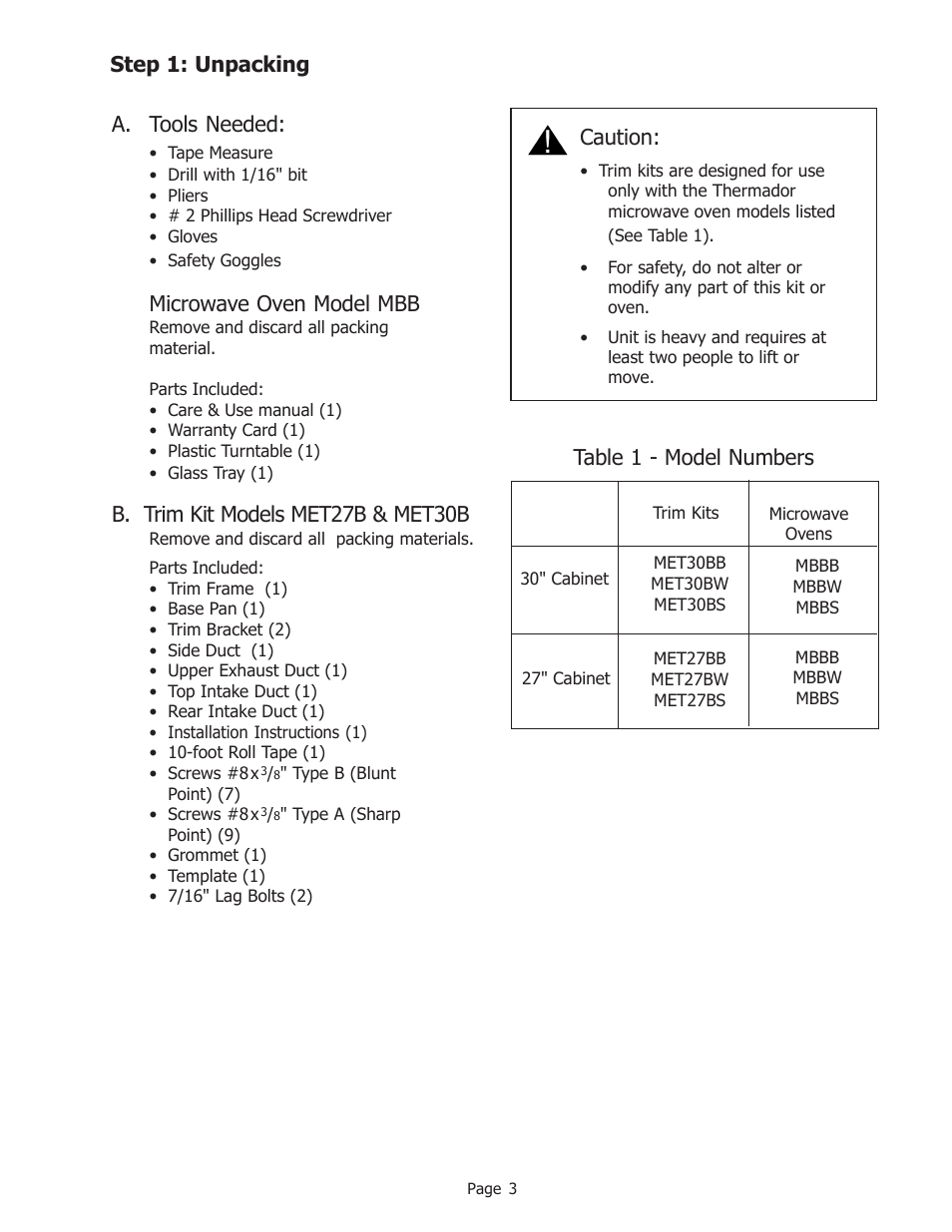 Step 1: unpacking a. tools needed, Microwave oven model mbb, B. trim kit models met27b & met30b | Table 1 - model numbers caution | Thermador MET27B User Manual | Page 3 / 8