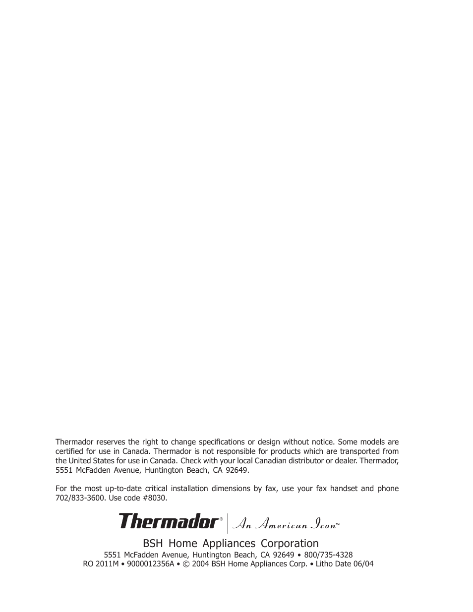 Bsh home appliances corporation | Thermador MET27B User Manual | Page 8 / 8