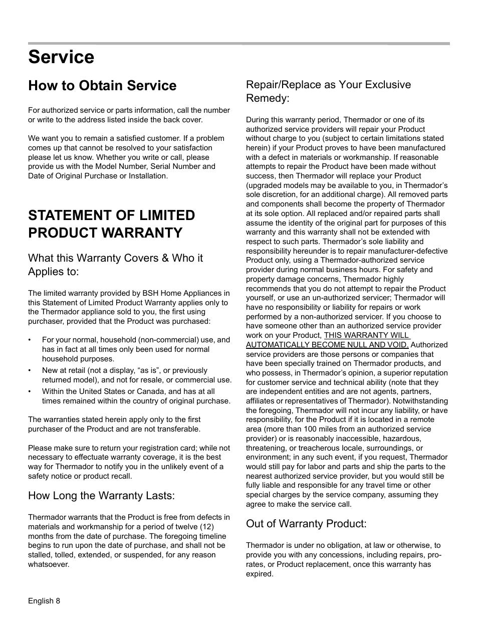 Service, How to obtain service, Statement of limited product warranty | What this warranty covers & who it applies to, How long the warranty lasts, Repair/replace as your exclusive remedy, Out of warranty product | Thermador PH PROFESSIONAL PH30 User Manual | Page 10 / 36