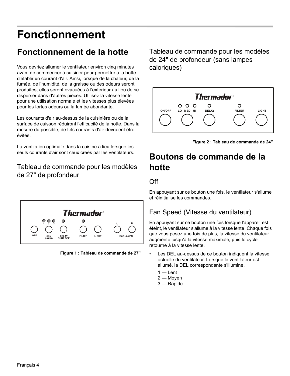 Fonctionnement, Fonctionnement de la hotte, Figure 1 : tableau de commande de 27 | Figure 2 : tableau de commande de 24, Boutons de commande de la hotte, Fan speed (vitesse du ventilateur) | Thermador PH PROFESSIONAL PH30 User Manual | Page 16 / 36