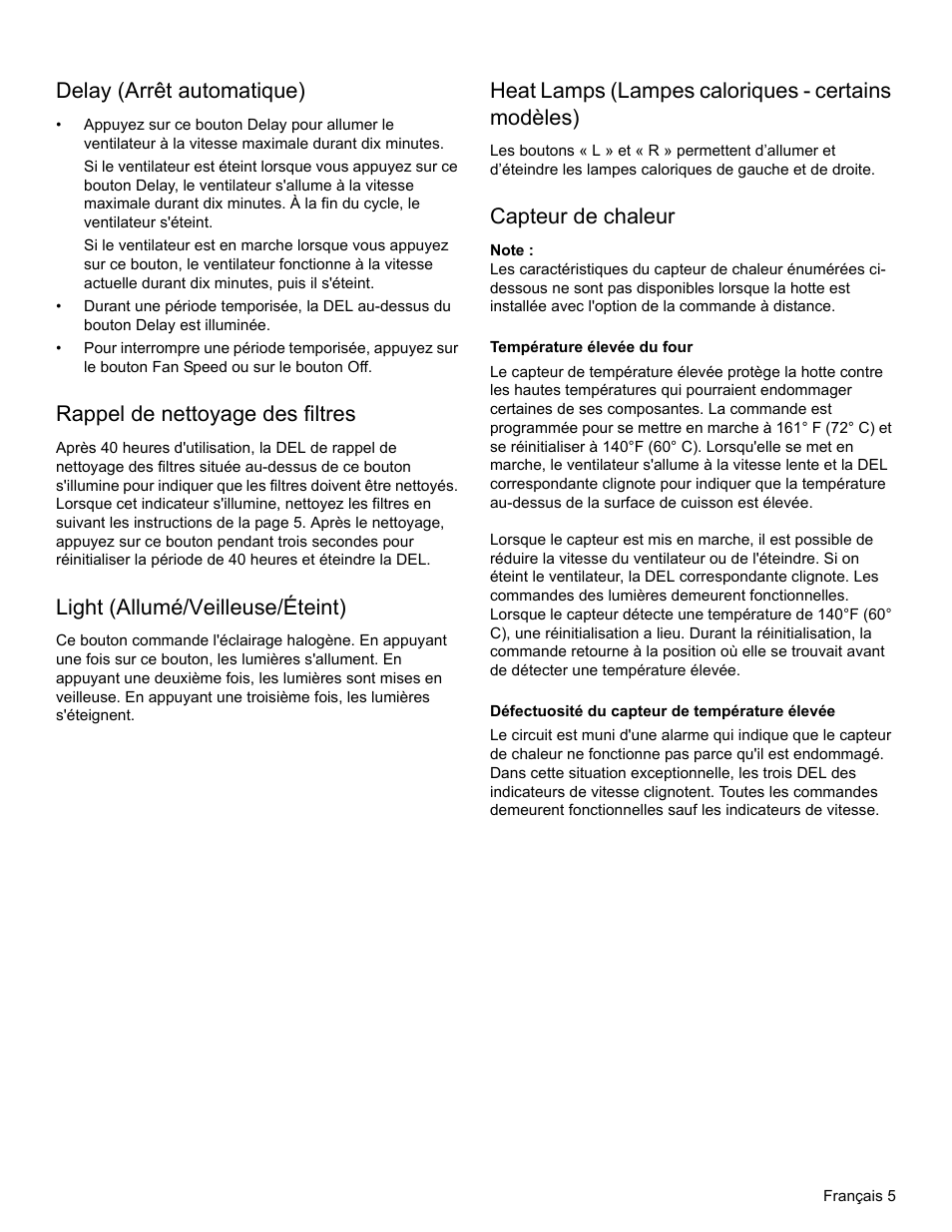 Delay (arrêt automatique), Rappel de nettoyage des filtres, Light (allumé/veilleuse/éteint) | Heat lamps (lampes caloriques - certains modèles), Capteur de chaleur, Note, Température élevée du four, Défectuosité du capteur de température élevée | Thermador PH PROFESSIONAL PH30 User Manual | Page 17 / 36