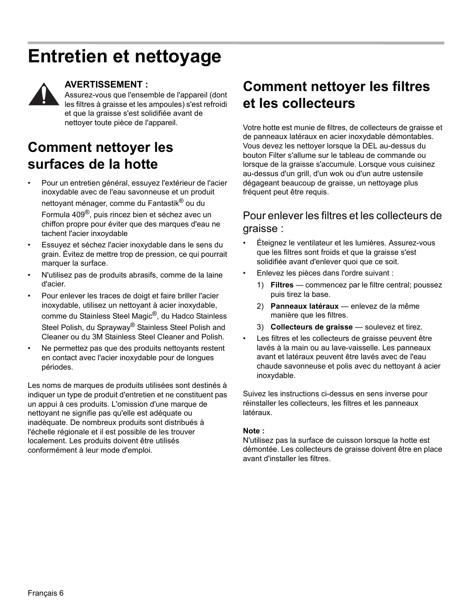 Entretien et nettoyage, Comment nettoyer les surfaces de la hotte, Comment nettoyer les filtres et les collecteurs | 3) collecteurs de graisse — soulevez et tirez, Note | Thermador PH PROFESSIONAL PH30 User Manual | Page 18 / 36