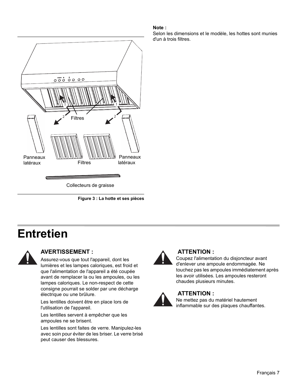 Figure 3 : la hotte et ses pièces, Note, Entretien | Thermador PH PROFESSIONAL PH30 User Manual | Page 19 / 36