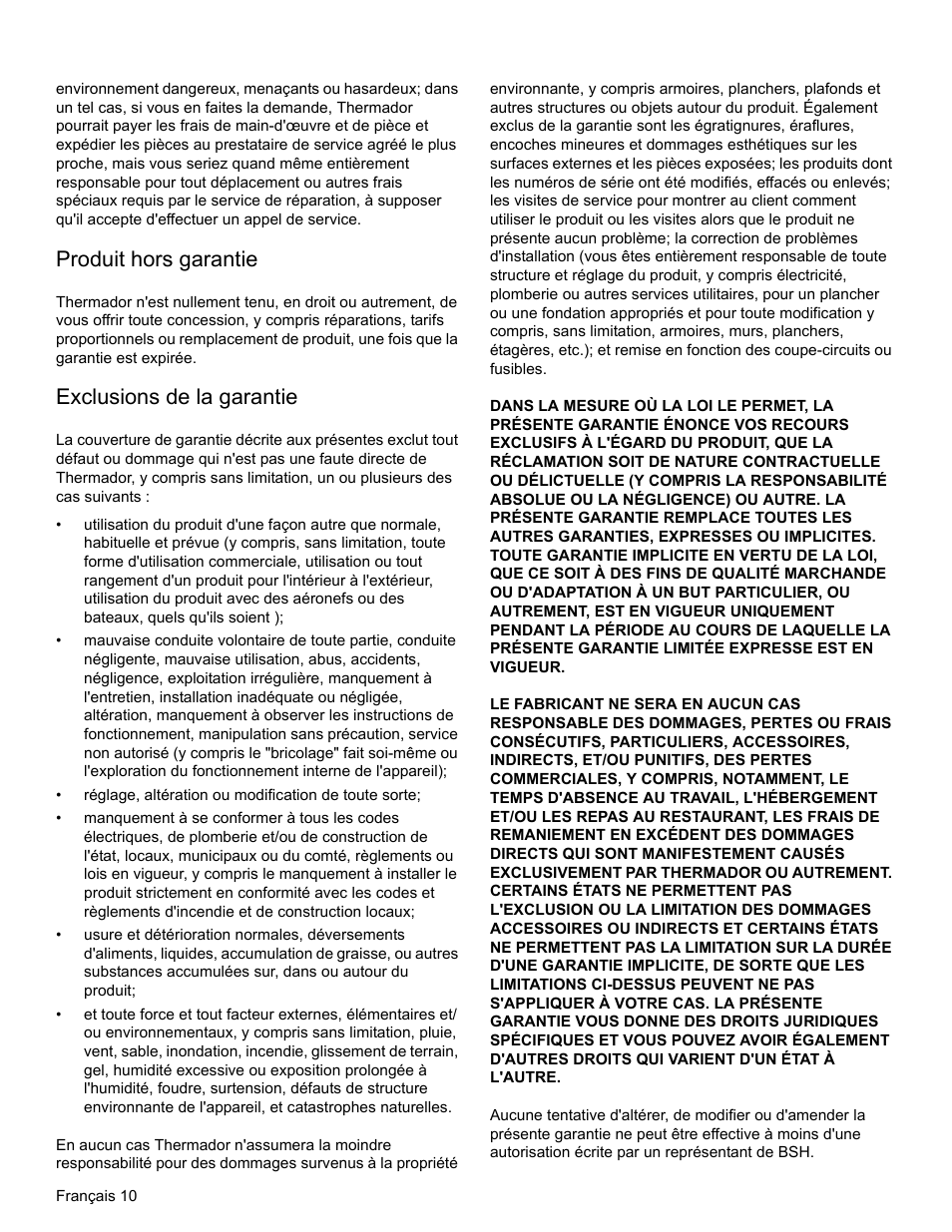 Produit hors garantie, Exclusions de la garantie | Thermador PH PROFESSIONAL PH30 User Manual | Page 22 / 36