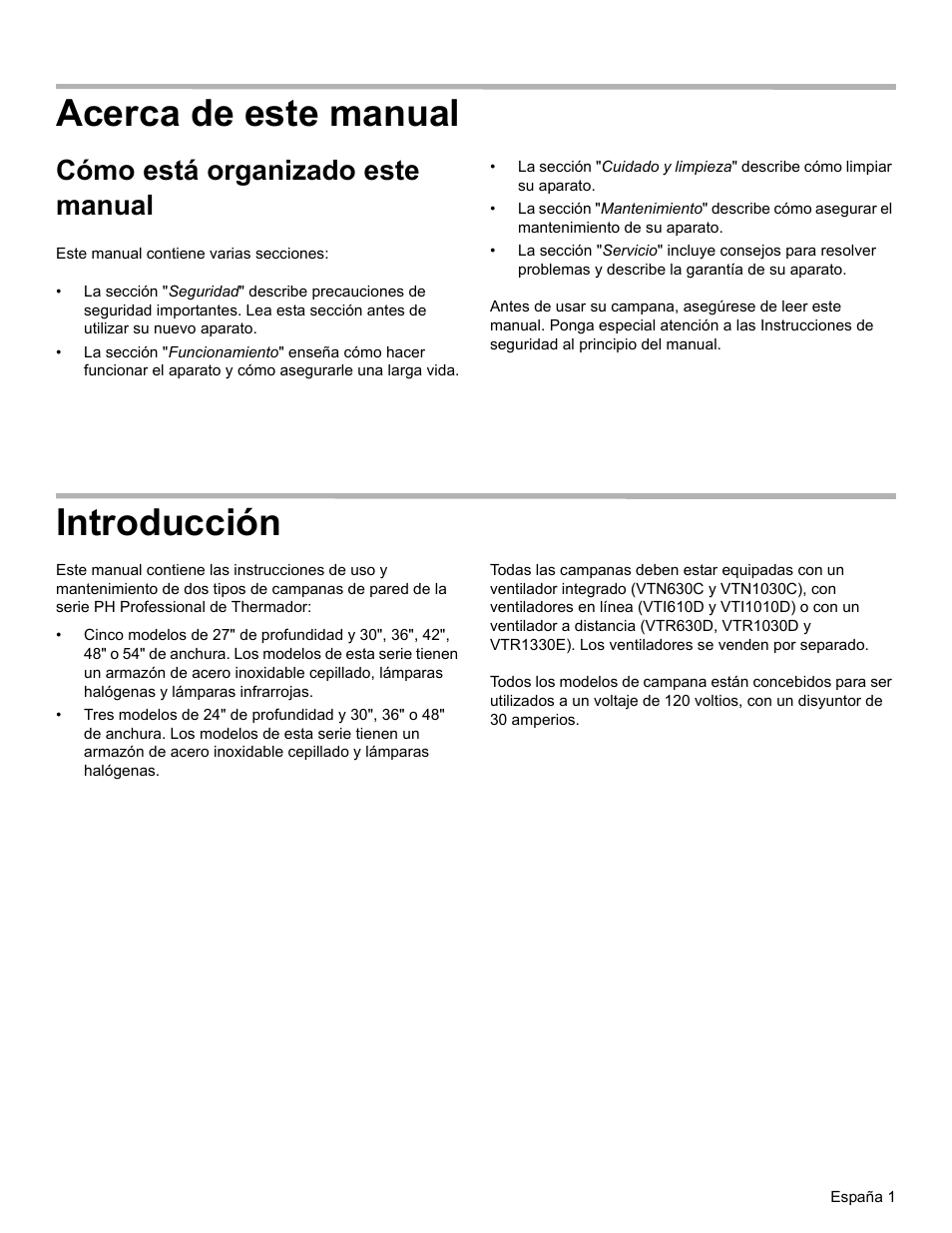 Acerca de este manual, Cómo está organizado este manual, Introducción | Thermador PH PROFESSIONAL PH30 User Manual | Page 25 / 36