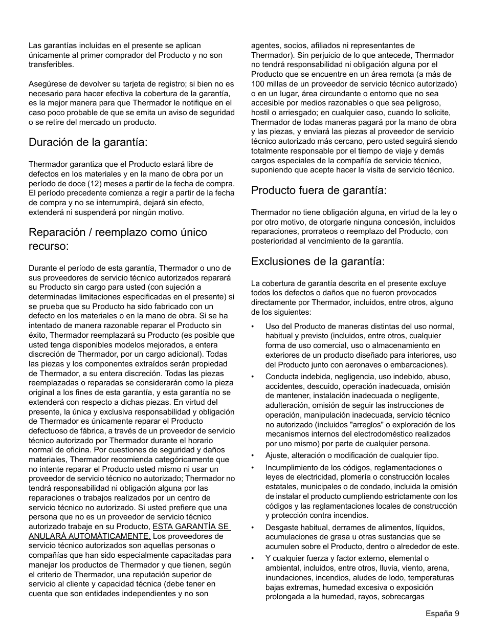 Duración de la garantía, Reparación / reemplazo como único recurso, Producto fuera de garantía | Exclusiones de la garantía | Thermador PH PROFESSIONAL PH30 User Manual | Page 33 / 36