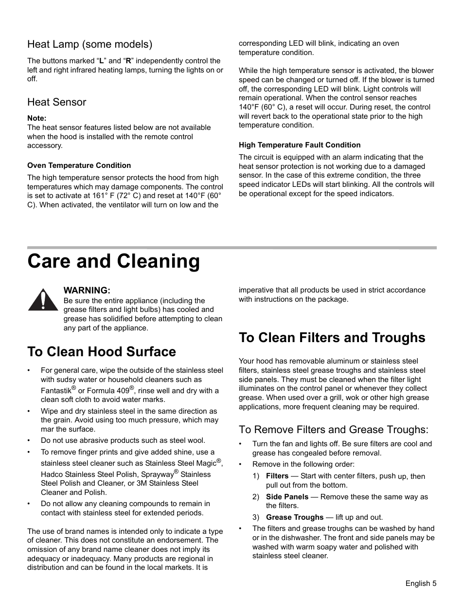 Heat lamp (some models), Heat sensor, Note | Oven temperature condition, High temperature fault condition, Care and cleaning, To clean hood surface, To clean filters and troughs, To remove filters and grease troughs, 3) grease troughs — lift up and out | Thermador PH PROFESSIONAL PH30 User Manual | Page 7 / 36