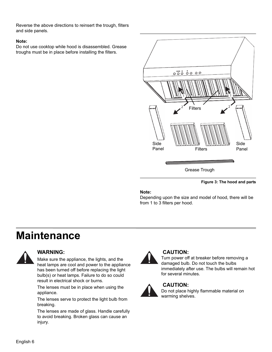 Note, Figure 3: the hood and parts, Maintenance | Thermador PH PROFESSIONAL PH30 User Manual | Page 8 / 36