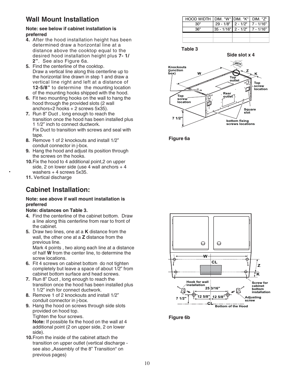 Wall mount installation, Cabinet installation | Thermador PHH36DS User Manual | Page 10 / 32