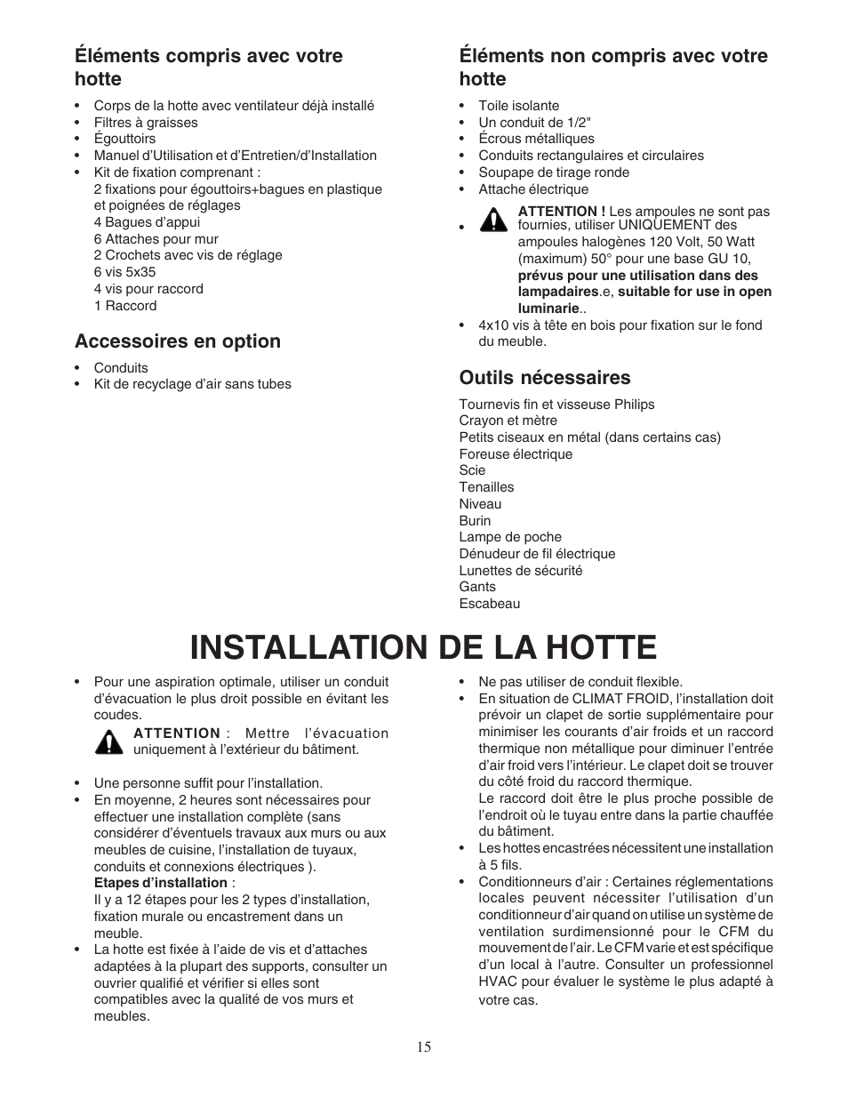 Installation de la hotte, Éléments compris avec votre hotte, Accessoires en option | Éléments non compris avec votre hotte, Outils nécessaires | Thermador PHH36DS User Manual | Page 15 / 32