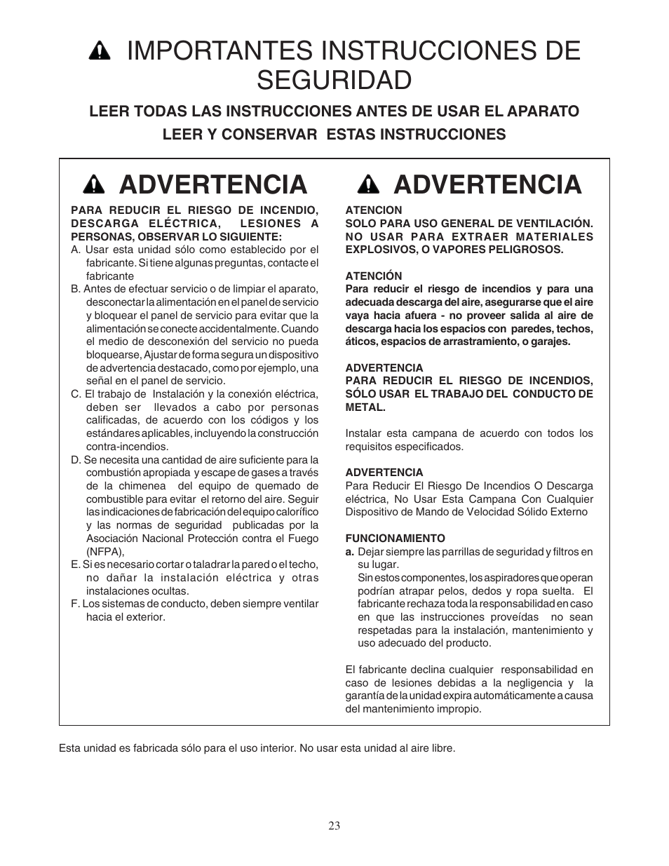 Advertencia, Importantes instrucciones de seguridad | Thermador PHH36DS User Manual | Page 23 / 32