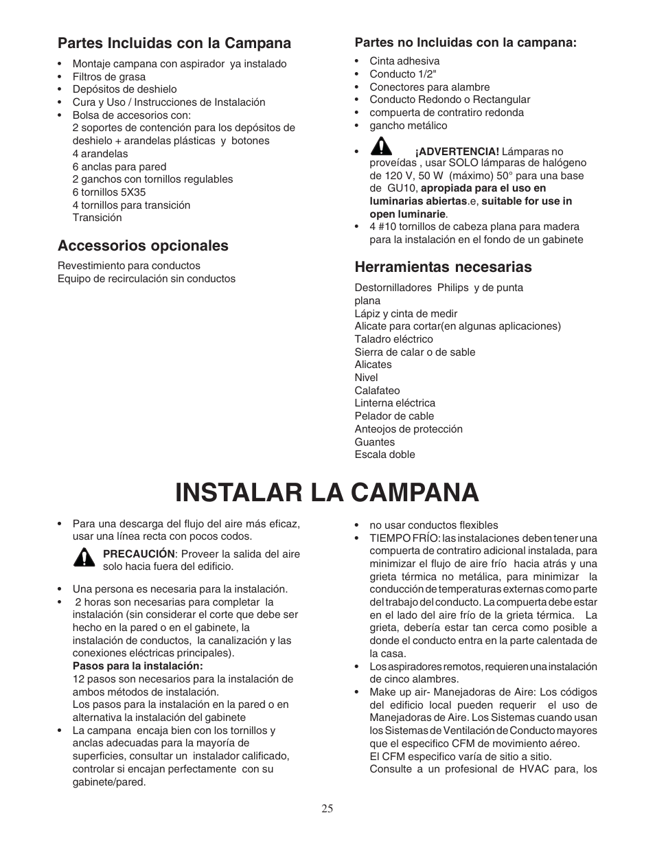 Instalar la campana, Partes incluidas con la campana, Accessorios opcionales | Herramientas necesarias | Thermador PHH36DS User Manual | Page 25 / 32