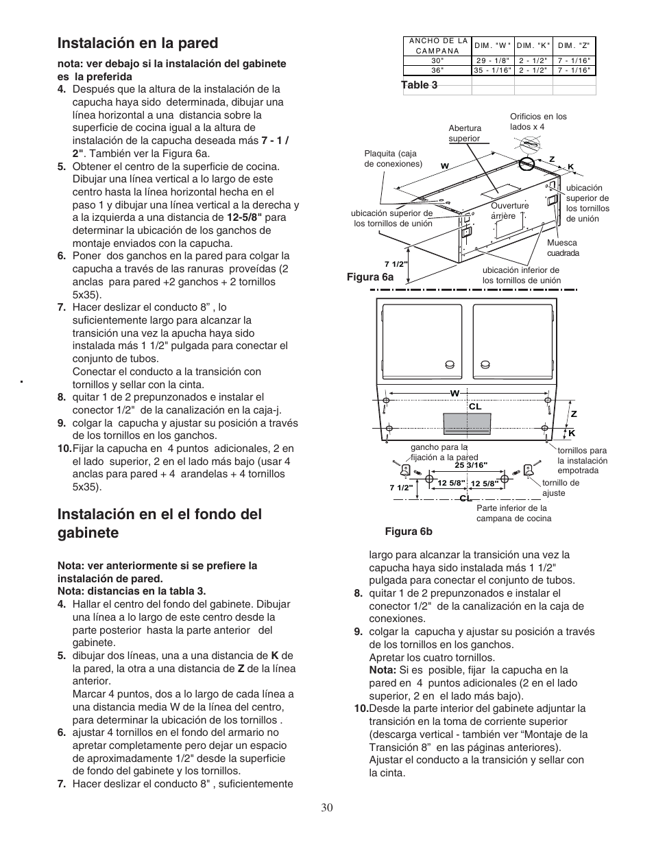 Instalación en la pared, Instalación en el el fondo del gabinete | Thermador PHH36DS User Manual | Page 30 / 32