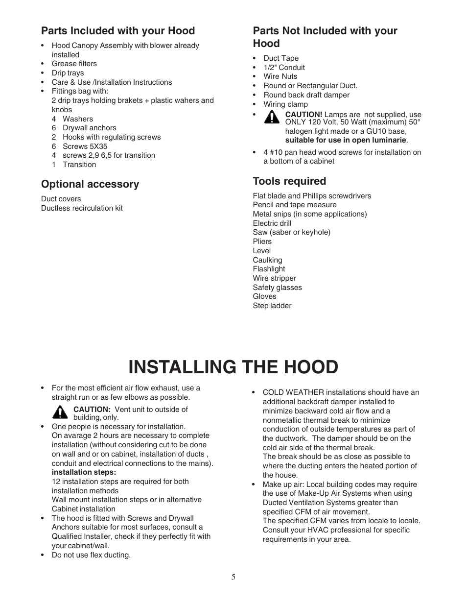 Installing the hood, Parts included with your hood, Optional accessory | Parts not included with your hood, Tools required | Thermador PHH36DS User Manual | Page 5 / 32