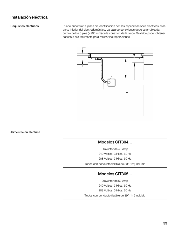 Instalación eléctrica, Modelos cit304, Modelos cit365 | Thermador CIT365 User Manual | Page 32 / 35