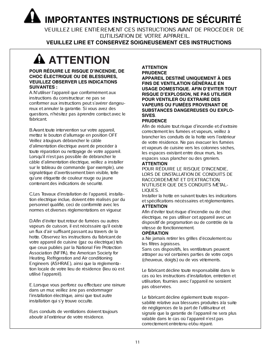 Attention, Importantes instructions de sécurité | Thermador HMWB36 User Manual | Page 11 / 26