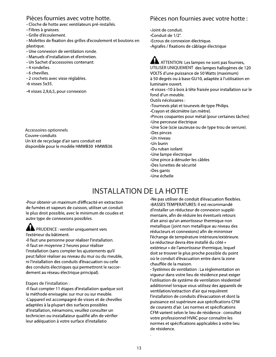 Installation de la hotte | Thermador HMWB36 User Manual | Page 13 / 26