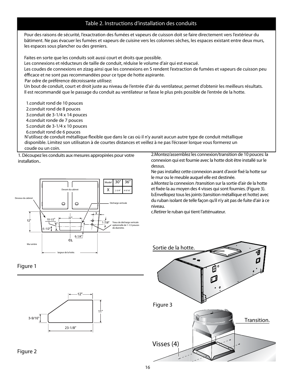 Visses (4), Figure 3 sortie de la hotte, Figure 1 figure 2 transition | Table 2. instructions d’installation des conduits | Thermador HMWB36 User Manual | Page 16 / 26