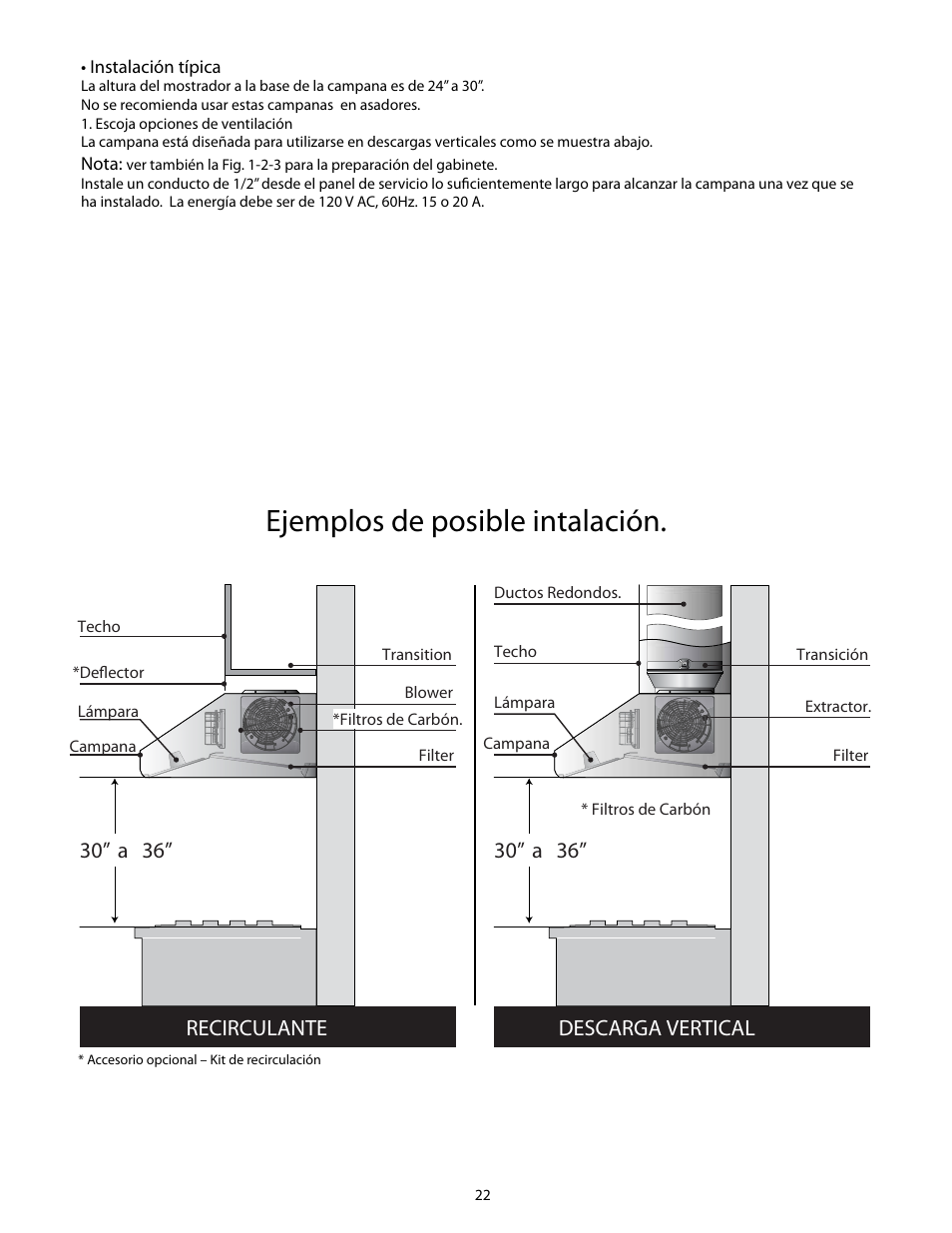 Ejemplos de posible intalación, 30” a 36, Descarga vertical 30” a 36 | Recirculante | Thermador HMWB36 User Manual | Page 22 / 26