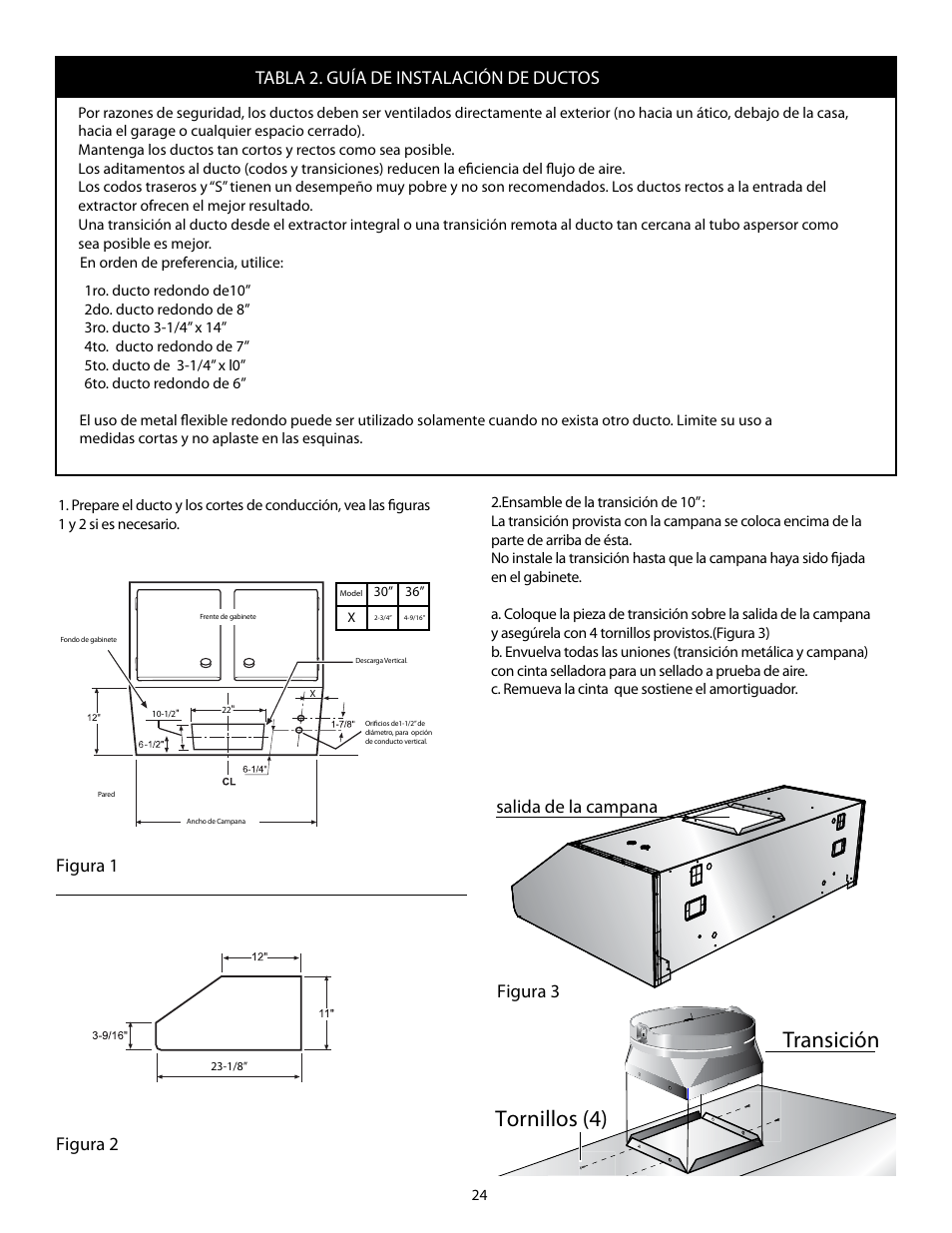Transición tornillos (4), Figura 3 salida de la campana | Thermador HMWB36 User Manual | Page 24 / 26