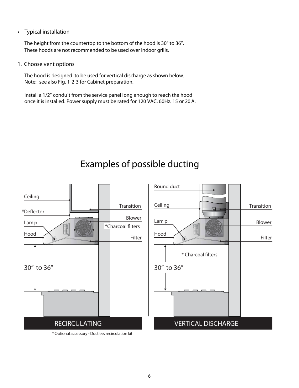 Examples of possible ducting, 30” to 36, Vertical discharge 30” to 36 | Recirculating | Thermador HMWB36 User Manual | Page 6 / 26