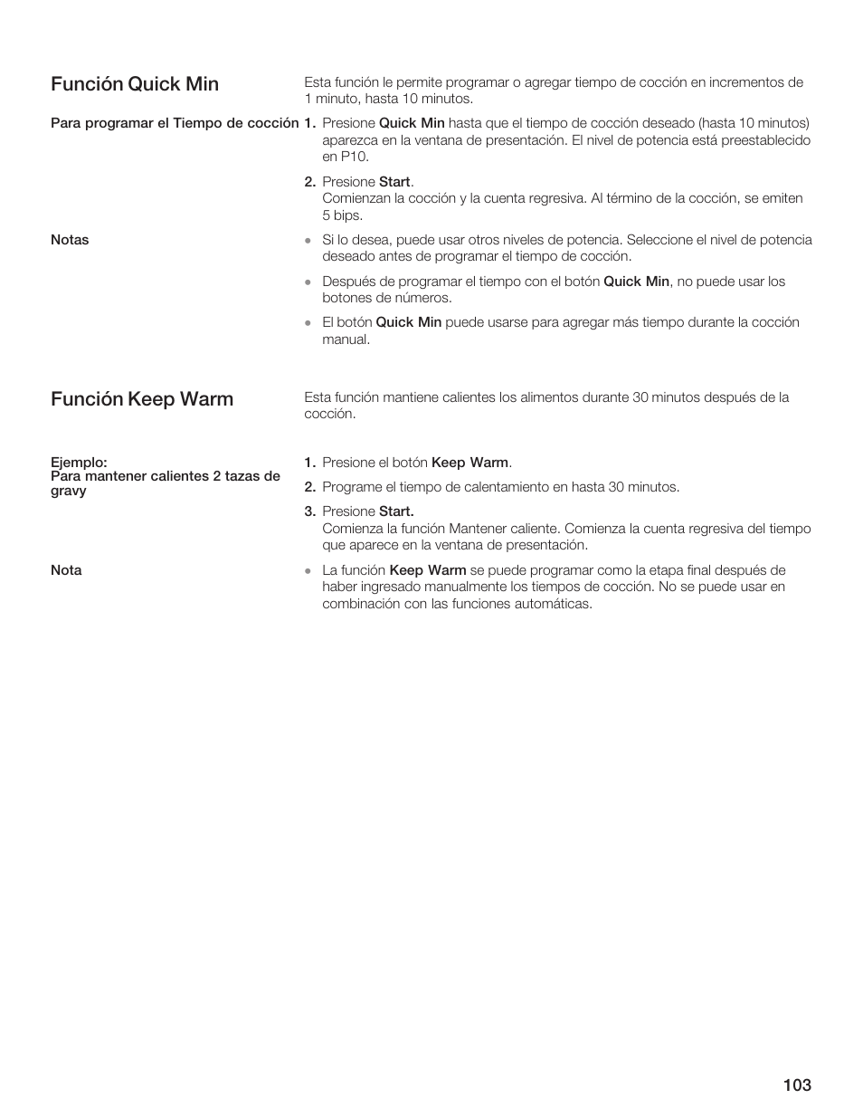 Función quick min, Función keep warm | Thermador MCES User Manual | Page 103 / 136