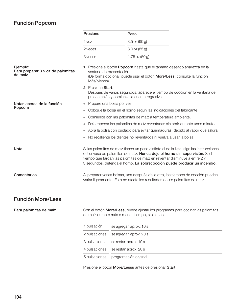 Función popcorn, Función more/less | Thermador MCES User Manual | Page 104 / 136