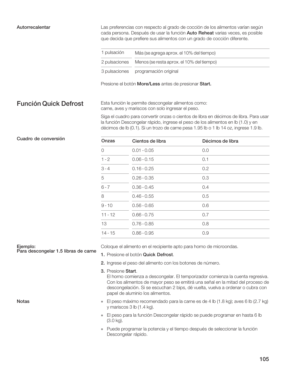 Función quick defrost | Thermador MCES User Manual | Page 105 / 136