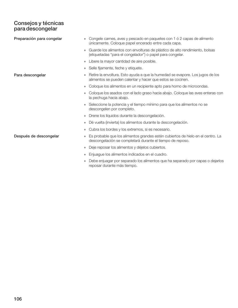 Consejos y técnicas para descongelar | Thermador MCES User Manual | Page 106 / 136