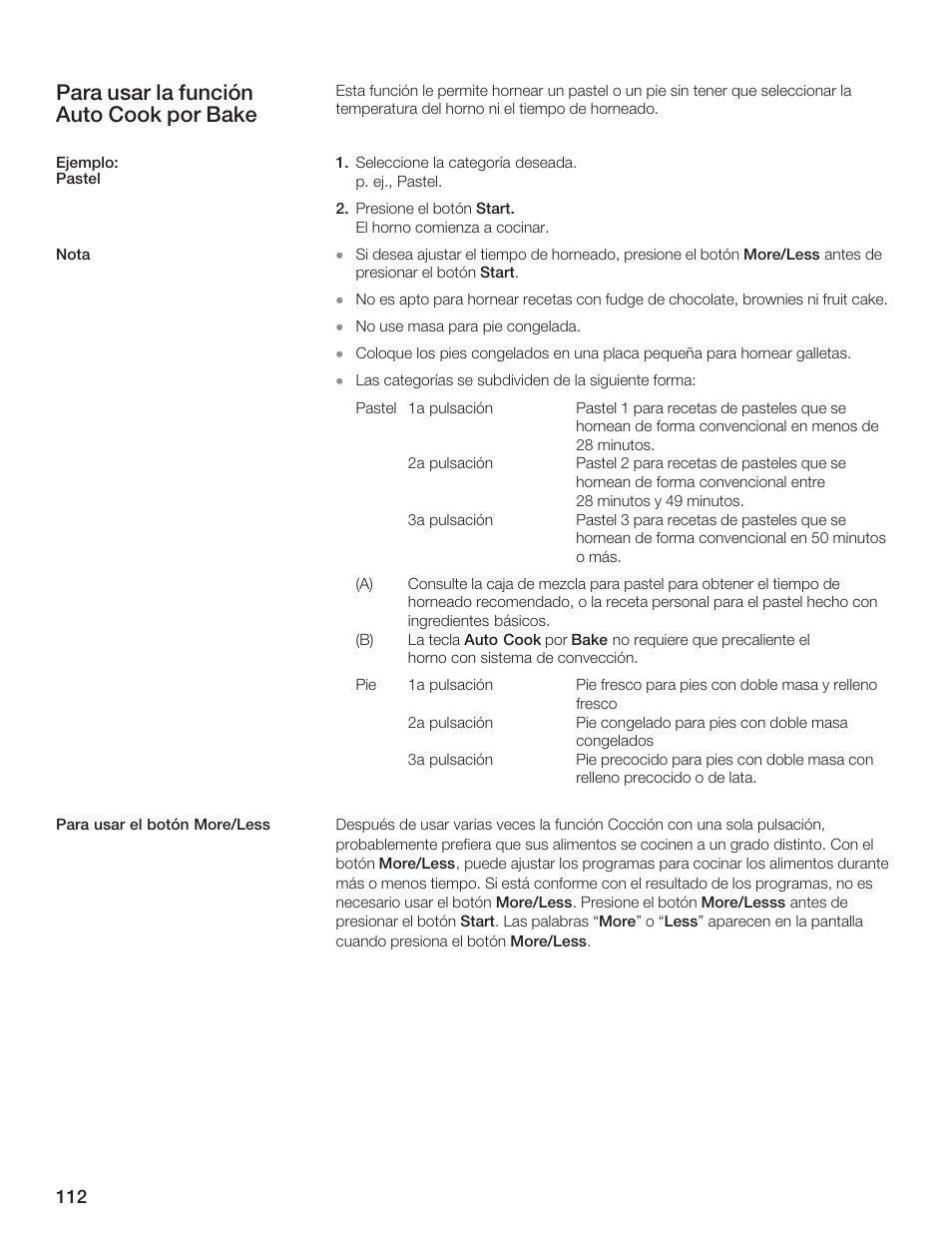 Para usar la función auto cook por bake | Thermador MCES User Manual | Page 112 / 136