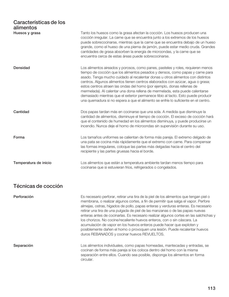 Características de los alimentos, Técnicas de cocción | Thermador MCES User Manual | Page 113 / 136
