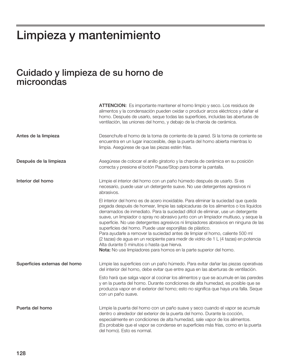 Limpieza y mantenimiento, Cuidado y limpieza de su horno de microondas | Thermador MCES User Manual | Page 128 / 136