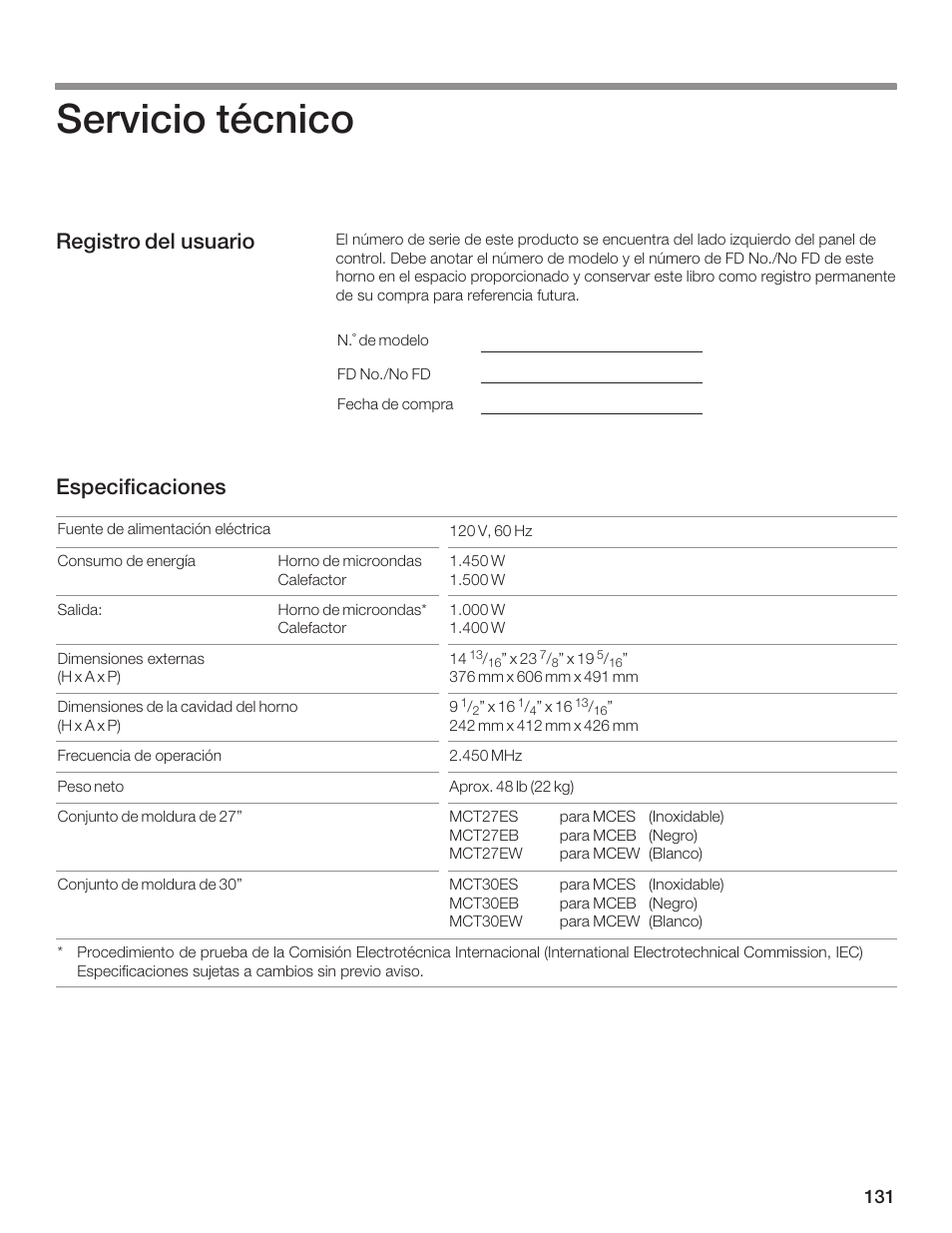 Servicio técnico, Registro del usuario especificaciones | Thermador MCES User Manual | Page 131 / 136