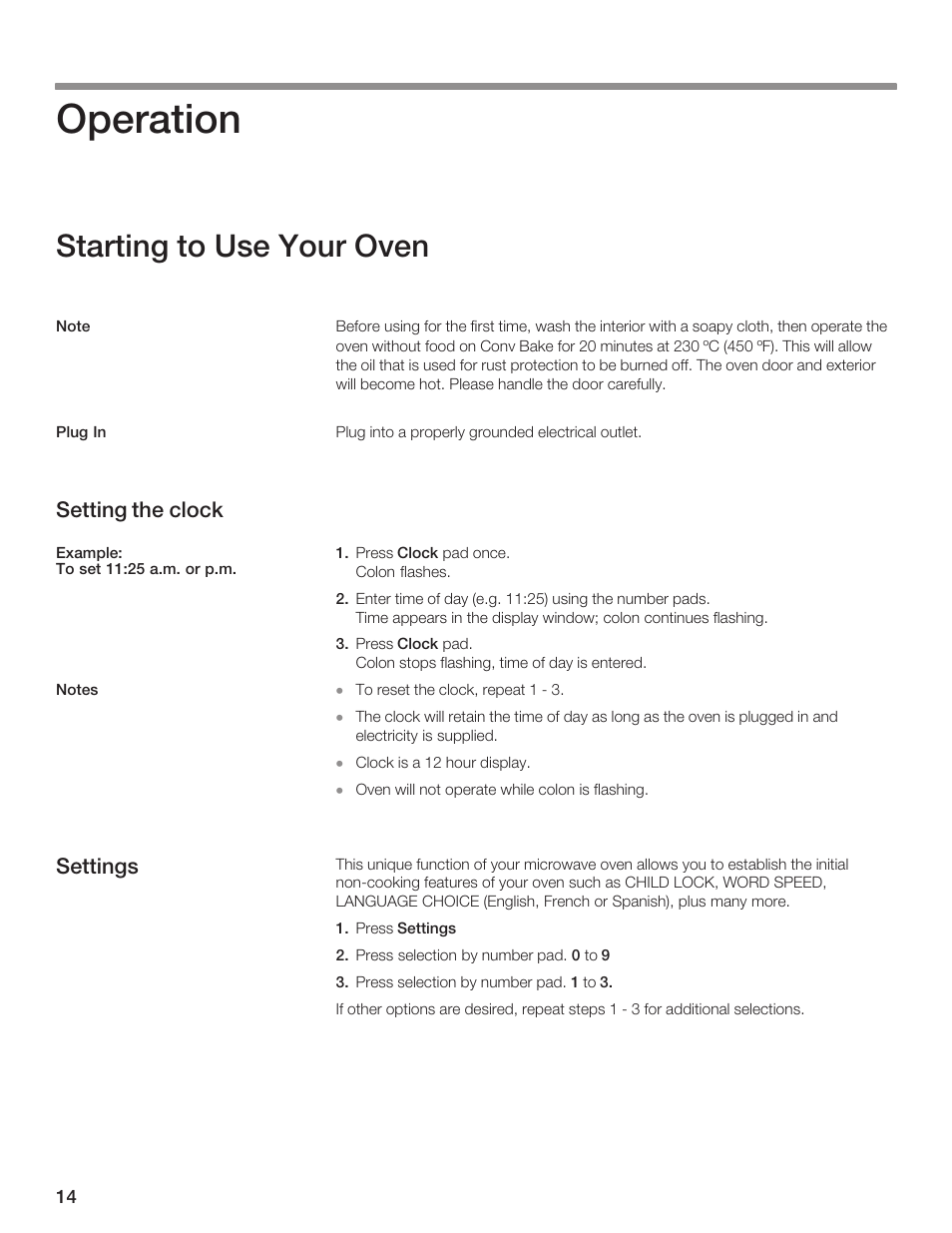 Operation, Starting to use your oven | Thermador MCES User Manual | Page 14 / 136