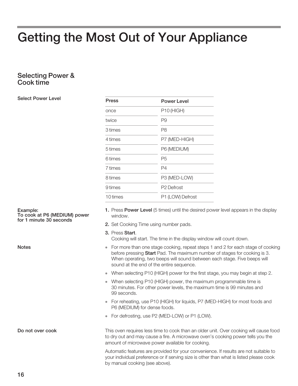 Getting the most out of your appliance, Selecting power & cook time | Thermador MCES User Manual | Page 16 / 136