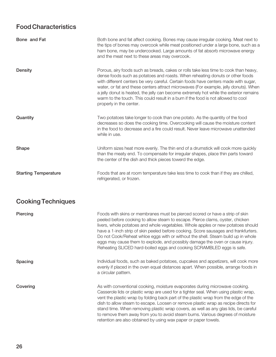 Food characteristics, Cooking techniques | Thermador MCES User Manual | Page 26 / 136