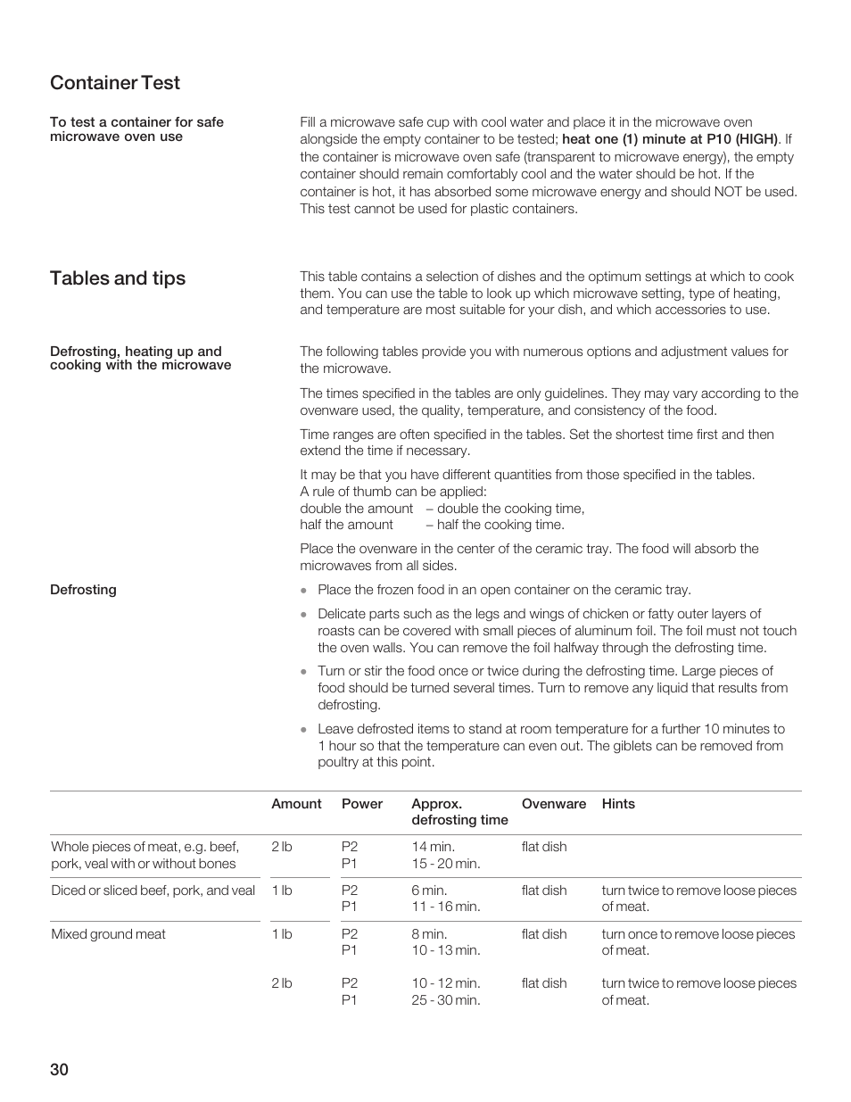 Container test, Tables and tips | Thermador MCES User Manual | Page 30 / 136