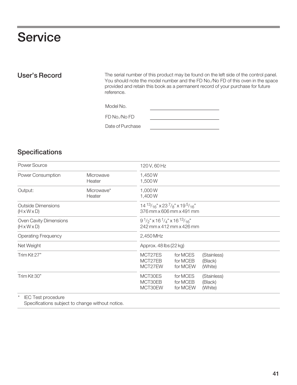 Service, User's record specifications | Thermador MCES User Manual | Page 41 / 136