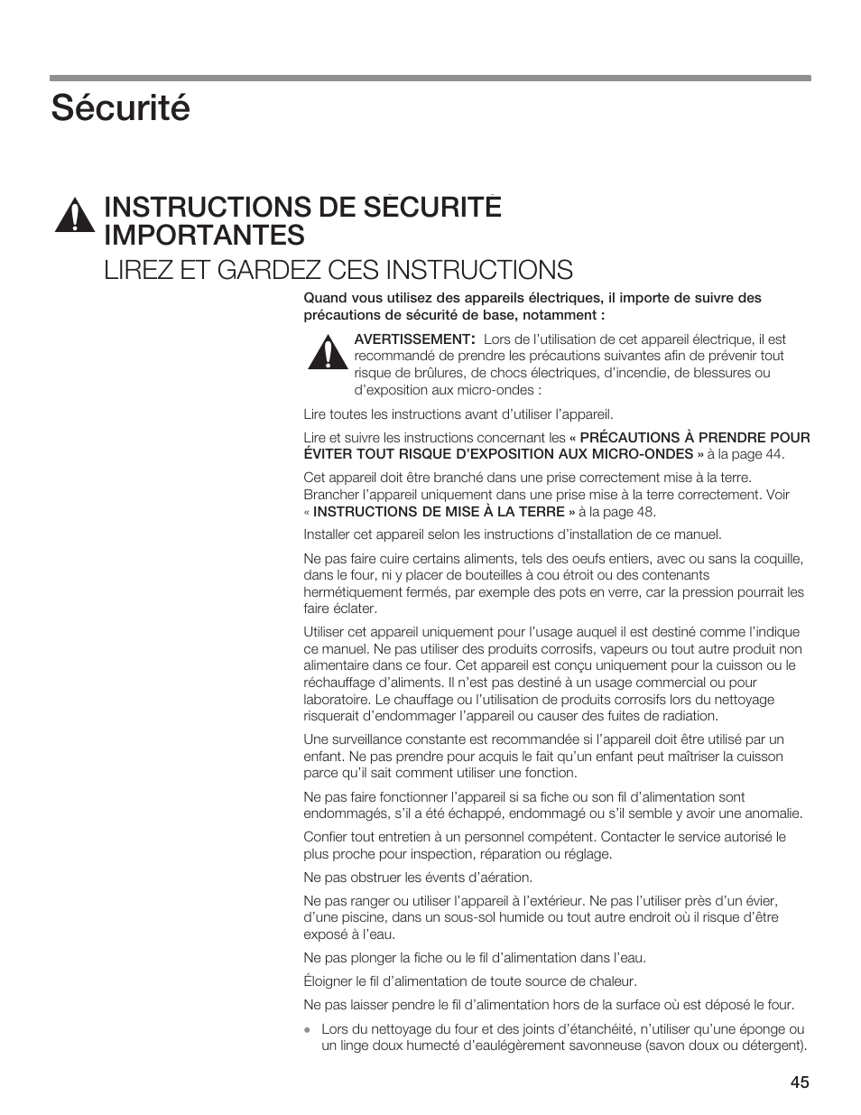 Sécurité, Instructions de sécurité importantes, Lirez et gardez ces instructions | Thermador MCES User Manual | Page 45 / 136